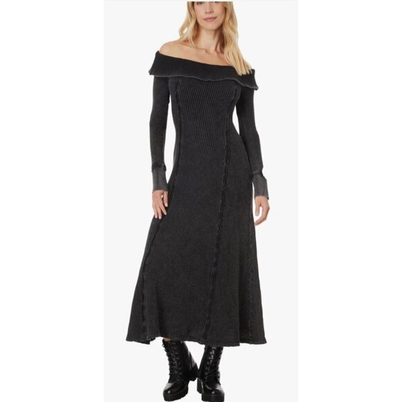 Free People Dresses & Skirts - Free People Monty Midi Dress Black Off the Shoulder Long Sleeve Waffle Knit Sml